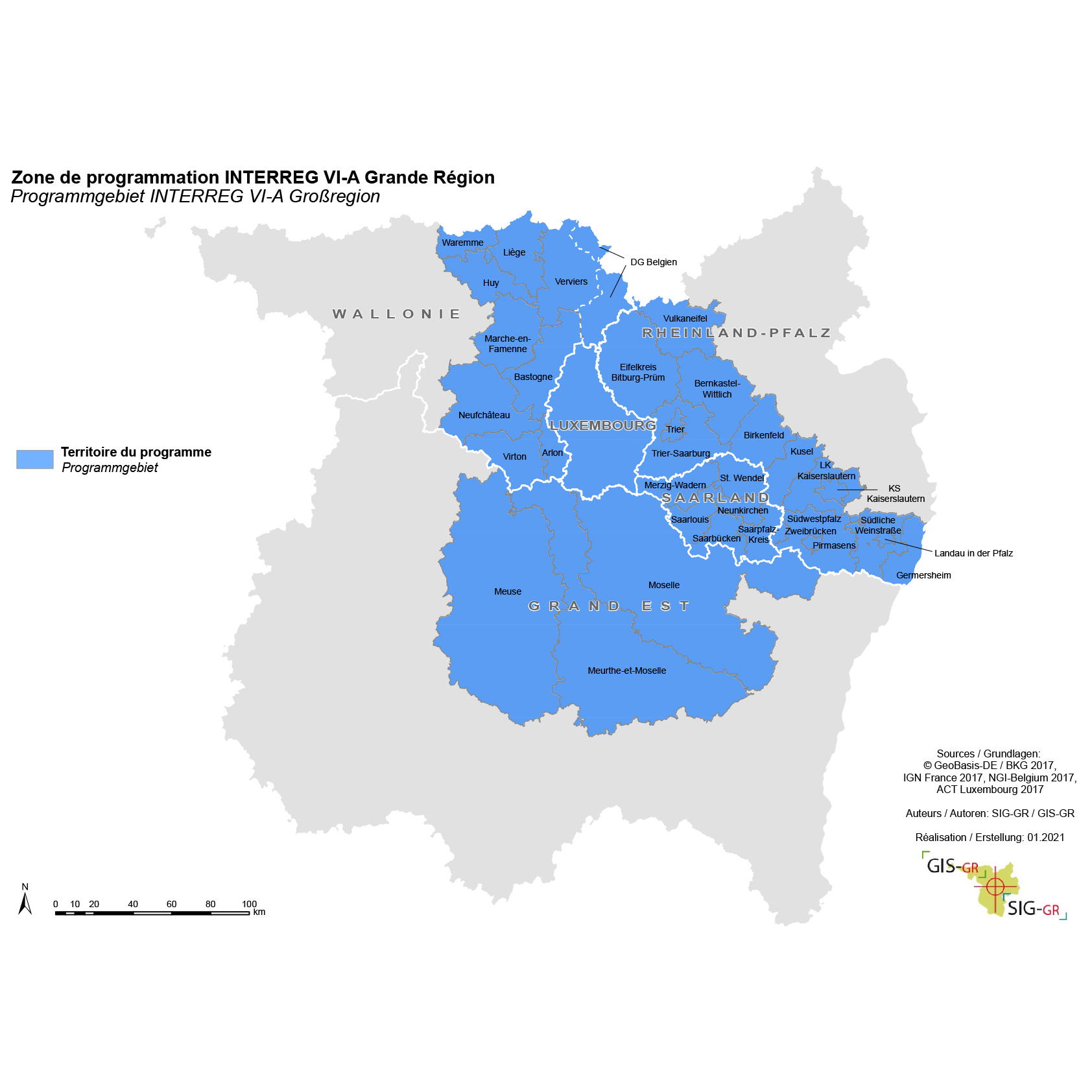 Karte von der Website des INTERREG-GroBregion Programms, erstellt im Januar 2021 von : GIS-GR, mit folgenden Quellen : ©GeoBasis-DE / BKG 2017, IGN France 2017, NGI-Belgium 2017, ACT Luxembourg 2017, verfügbar unter folgendem Link : https://interreg-gr.eu/de/wer-sind-wir/interreg-in-der-grossregion/ , abgerufen am 19.05.2025.